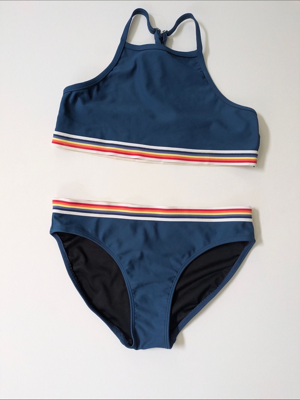 Zella Rainbow Stripe Racerback Athletic Bikini Set Navy Size 14 EUC